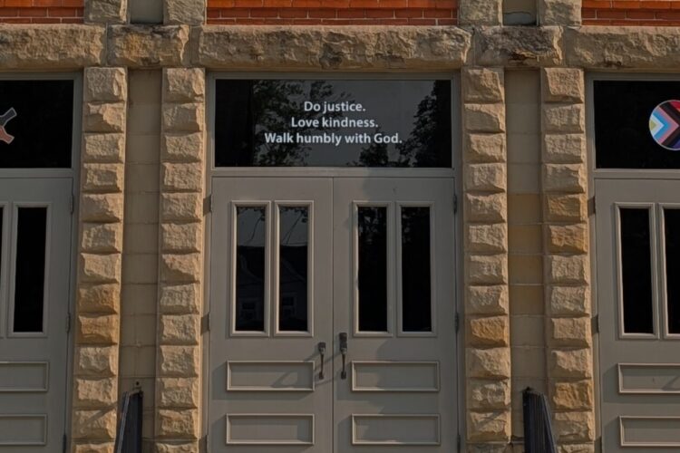 three doors with visual symbols of connection to Micah 6:8 verse of kindness and justice