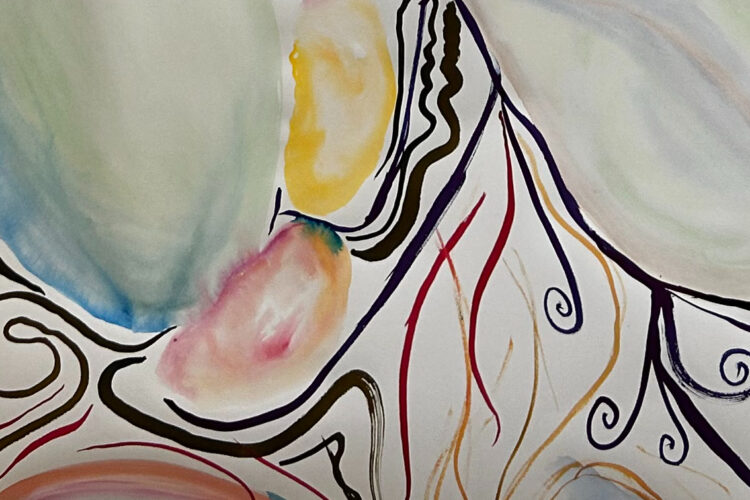 abstract shapes in watercolors and ink on white paper